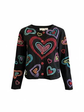 Vintage Michael Simon Heart Embroidered Black Cotton Cardigan Small 90s y2k